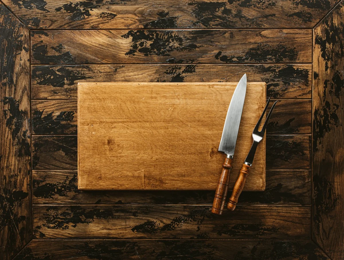 Tabla de madera y cuchillo sobre mesa de madera