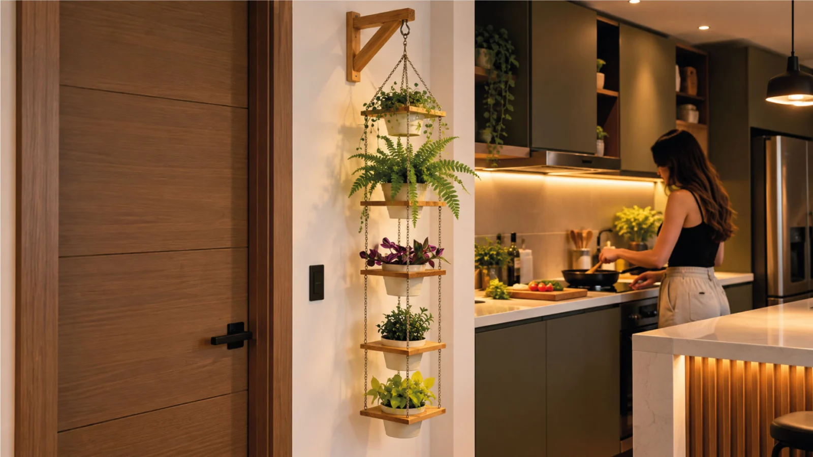 Matera colgante de madera con cinco niveles de plantas junto a la cocina